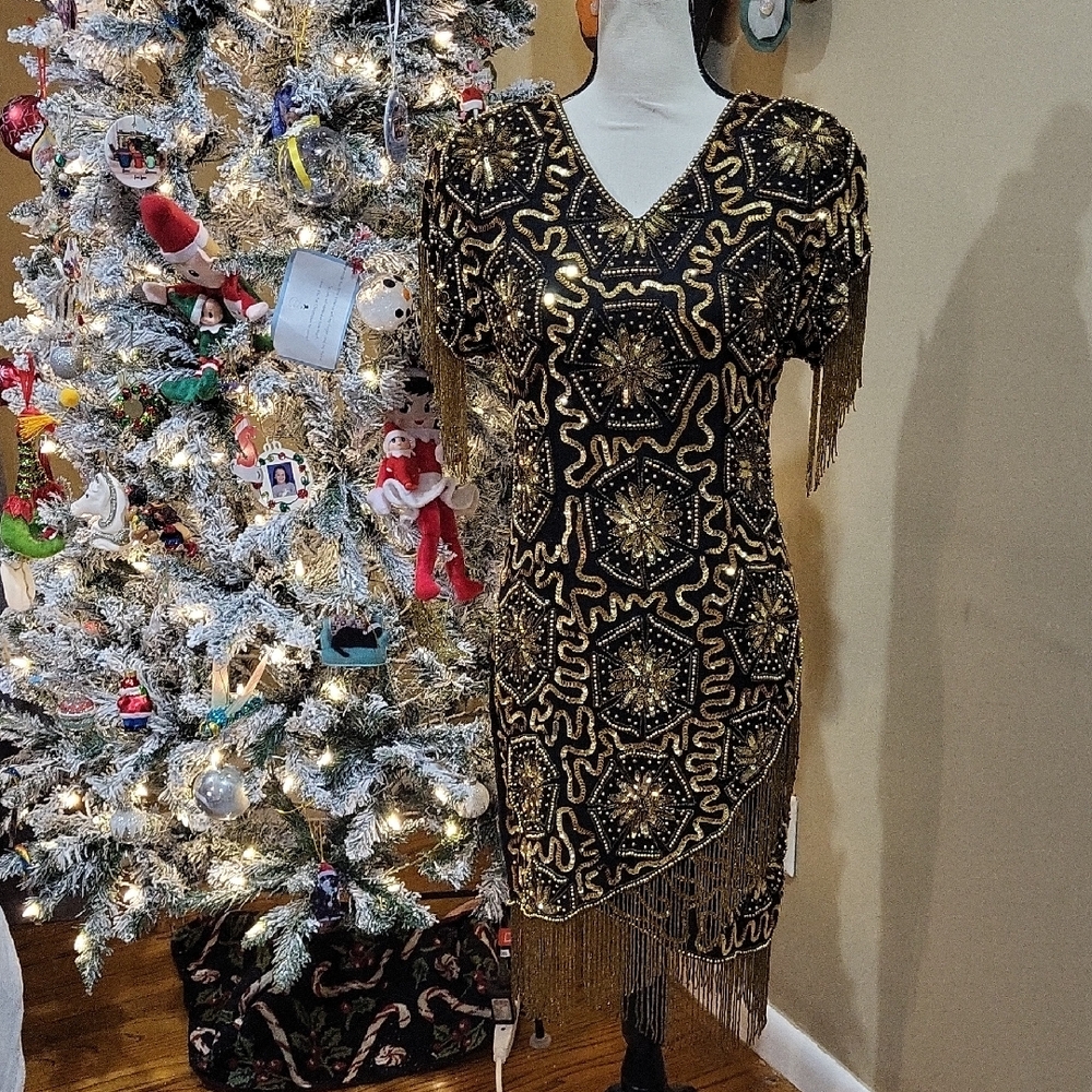 Mark & John By Sam Vintage Elegant Silk Black and Gold Fringe Dress